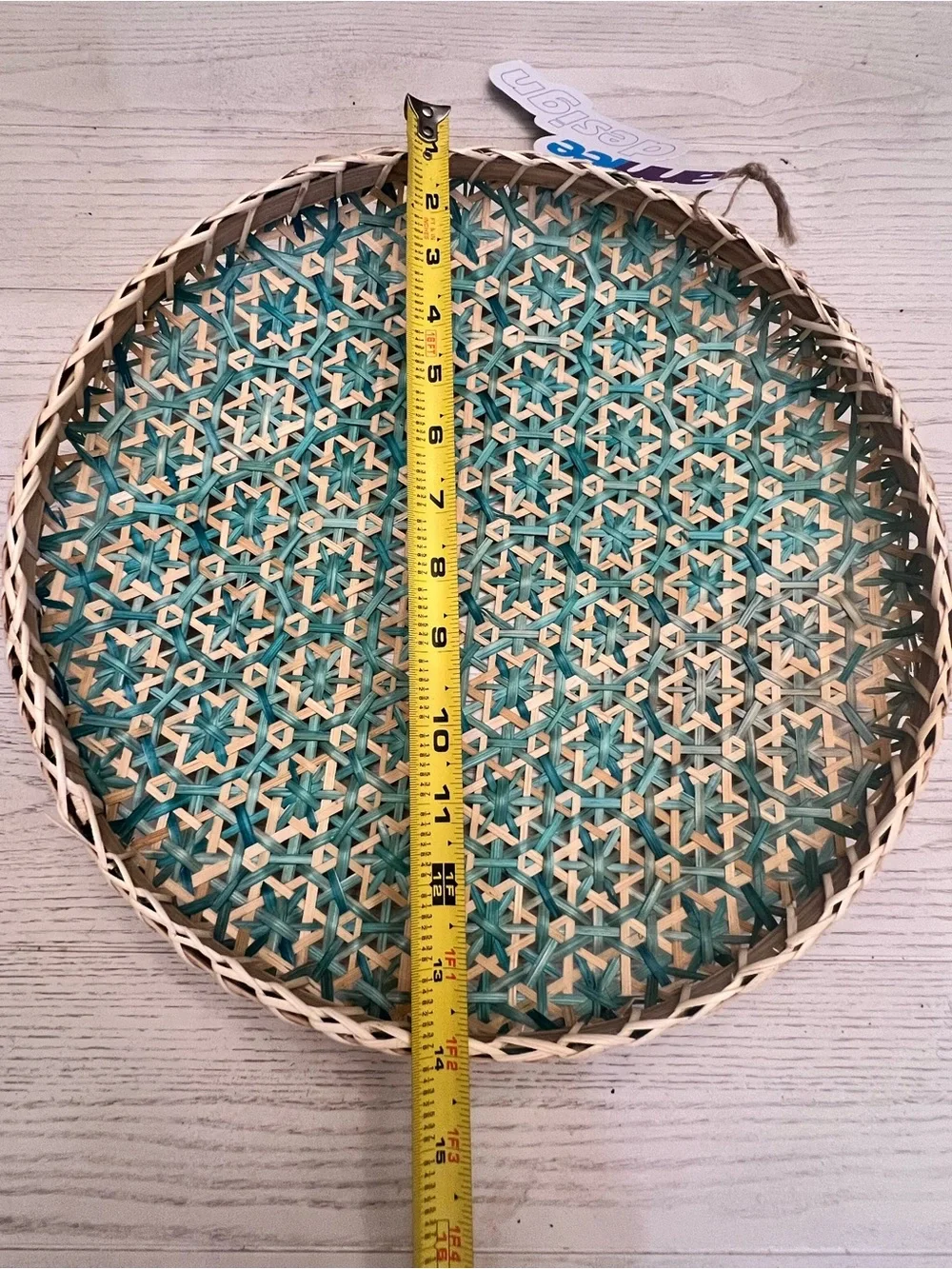 Woven Round Rattan Decorative Tray in Teal and Natural - 14”